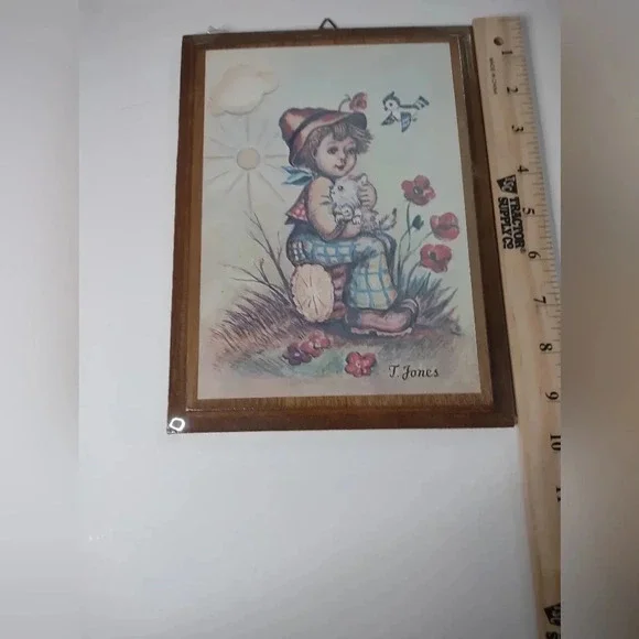T. Jones vintage picture boy with kitten and flowers 9 1/ 2" x 7" - Picture 2 of 3